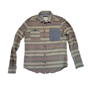 Burton Mens Flannel‎ Long Sleeve Button Up Shirt Red Grey Stripe Size S